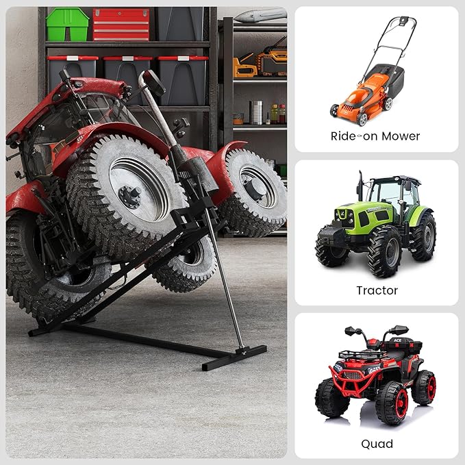 Goplus Lawn Mower Lift, 880LBS Folding Riding Mower Lift Jack with Adjustable Height, Manual Handle, Rotating Sleeve, Heavy Duty Lawn Tractor Lift, Zero Turn Mower Lift for Garden Farm, No Assembly