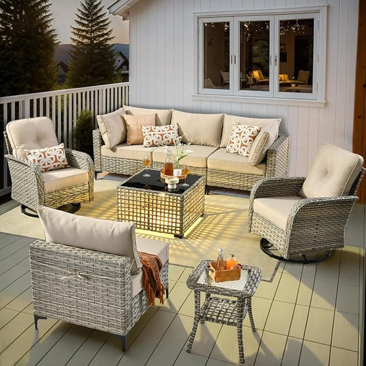 HOOOWOOO Outdoor Patio Furniture Set,8 Pieces Wicker Out Door Sectional Furniture L Shaped Couch,Patio Conversation Sets with Swivel Rocking Chair LED Table,Beige
