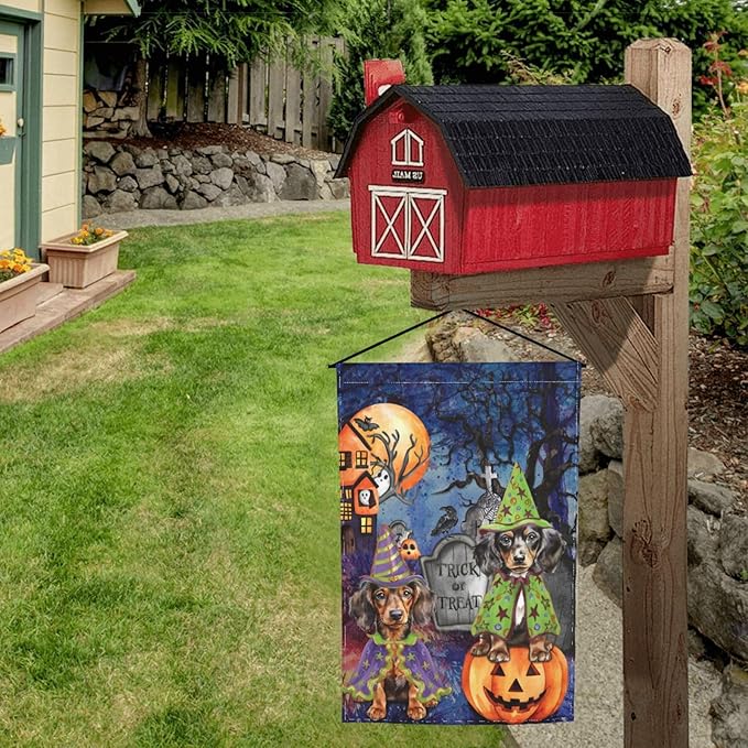 Dachshund Dog Halloween Tombstone Scary Pumpkin Garden Flag Welcome Party Outdoor Outside Decorations Picks Home House Garden Yard Decor 12x18 Inch
