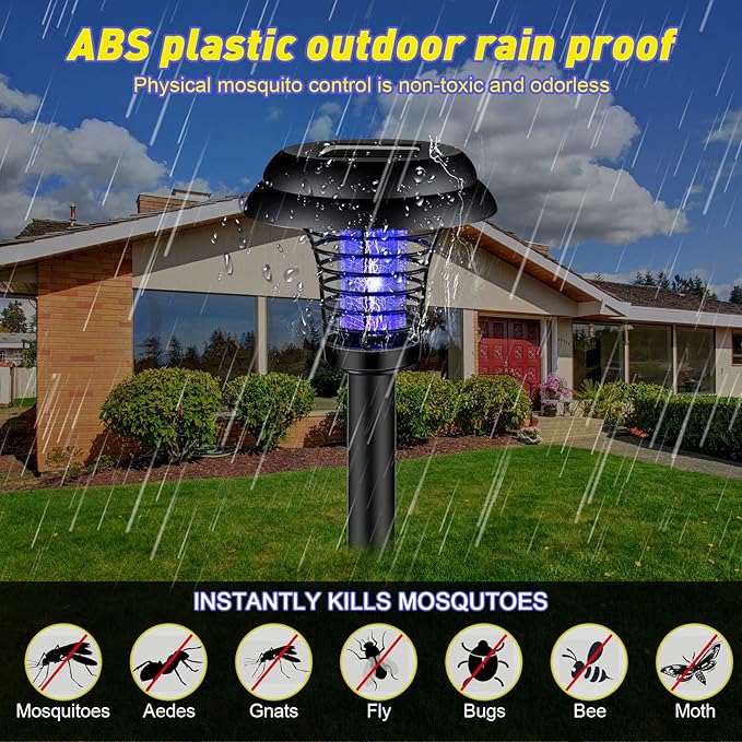 Qualirey 4 Pcs Solar Bug Zapper Waterproof Outdoor Mosquito Zapper Killer and Lighting Repellent Lamp for Indoor Outdoor Use Garden Patio, Purple and White Light(Plastic,Black)