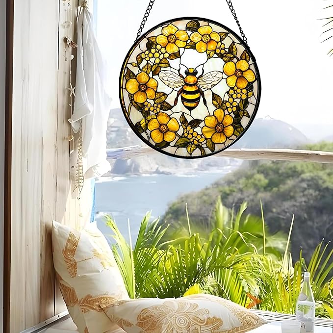 Stained Glass Window Hanging - Yellow Flowers Surrounded by Bees Sun Catcher for Door Garden Home Decor Cute Suncatcher Christmas Mother's Day Birthday Gifts for Women Men Mom Nana 9.8 in