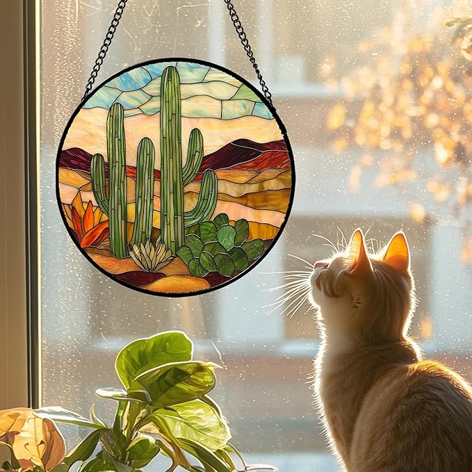 Stained Glass Window Hanging, Green Cactus Sun Catcher for Door Terrace Garden Home Decor, Abstract Desert Landscape Suncatcher Birthday Gifts for Lovers Women Men Dad Mom Nana 9.8 in
