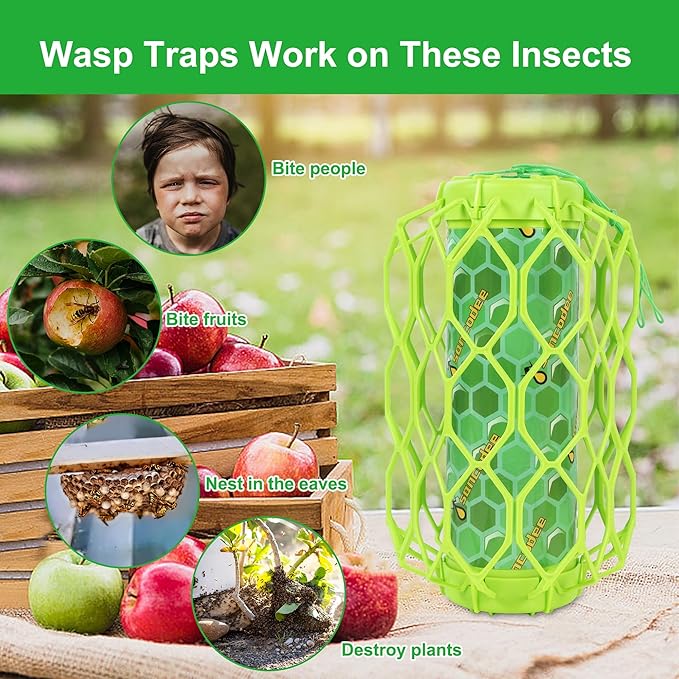 2 Pack Upgraded Wasp Trap Outdoor Hanging, Carpenter Bee and Hornet Catcher, Reusable Yellow Jacket Trap with Bait Reservoir, Bee Killer and Wasp Catcher for Outside (Green)