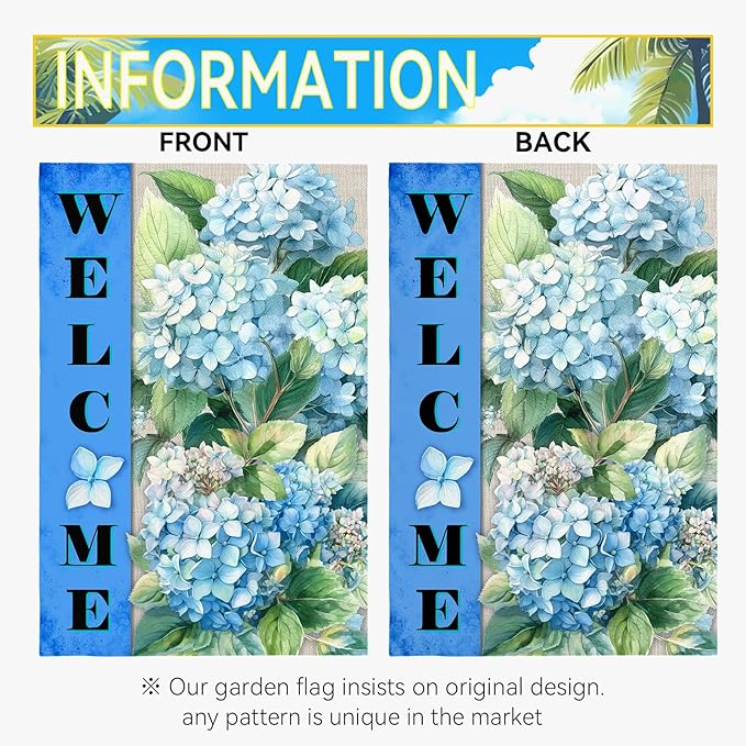 Hydrangea Garden Flags Welcome Spring Summer Yard Flag Waterproof Blue Floral Garden Flag for Outside Double Side Burlap Flowers House Banner Decor Standard Size 12×18 Inch