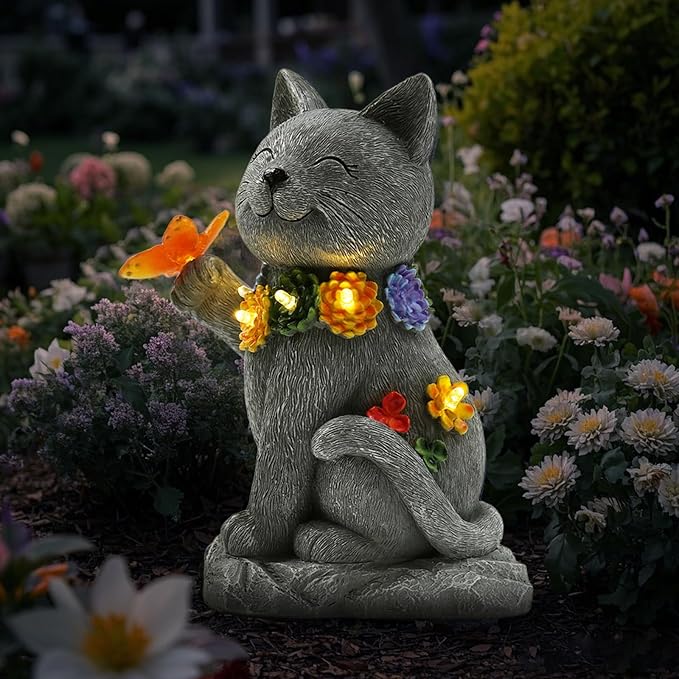 Solar Cat Garden Outdoor Statue - Yard Art with Succulents, 6 LED Lights and 1 Solar Butterfly Decorative Light, Ideal for Gardening Enthusiasts and Cat Lovers, Birthday Gift for Women