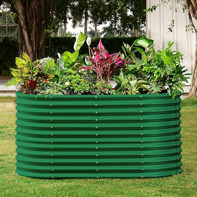 Land Guard 8x4x3ft Oval Galvanized Raised Garden Beds, Large-Capacity Metal Planter Box Outdoor, Durable Deep Raised Garden Bed 3ft Tall, Raised Beds for Gardening Vegetables, Forest Green