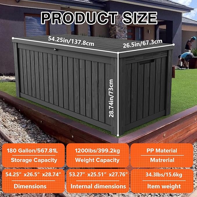 180GAL Black Versatile Outdoor Deck Box - Waterproof, SGS - Certified UV Resistant, Suitable for a Wide Range of Storage Needs from Patio Cushions to Garden Equipment, Simple to Assemble