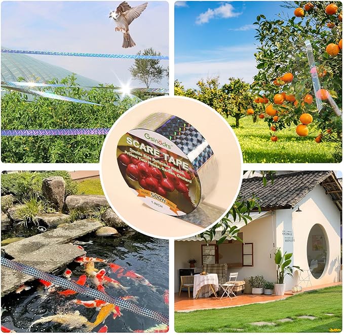Double-Sided Reflective Bird Scare Tape Ribbon - 500ft x 1in Outdoor Reflective Tape for Gardens, Orchards & Farms - Wind Activated Flash Tape to Scare Bird - No Adhesive, Easy Tie-On Installation