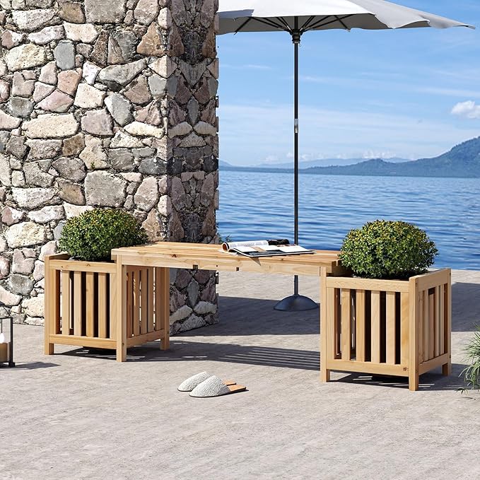 Giantex 2-in-1 Outdoor Bench with 2 Raised Garden Beds, Planter Boxes with Open-Ended Base, Garden Bench Seat for Porch Balcony Lawn Yard, DIY Assembly, Natural