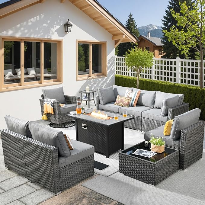 HOOOWOOO 10 Piece Patio Sectional Furniture Set with Fire Pit Table,Modern Wicker Outdoor Conversation Sofa Sets,Weather Resistant Modular L Shaped Outside Couch Swivel Chair Set(Charcoal Grey)