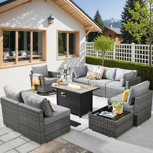 HOOOWOOO 10 Piece Patio Sectional Furniture Set with Fire Pit Table,Modern Wicker Outdoor Conversation Sofa Sets,Weather Resistant Modular L Shaped Outside Couch Swivel Chair Set(Charcoal Grey)
