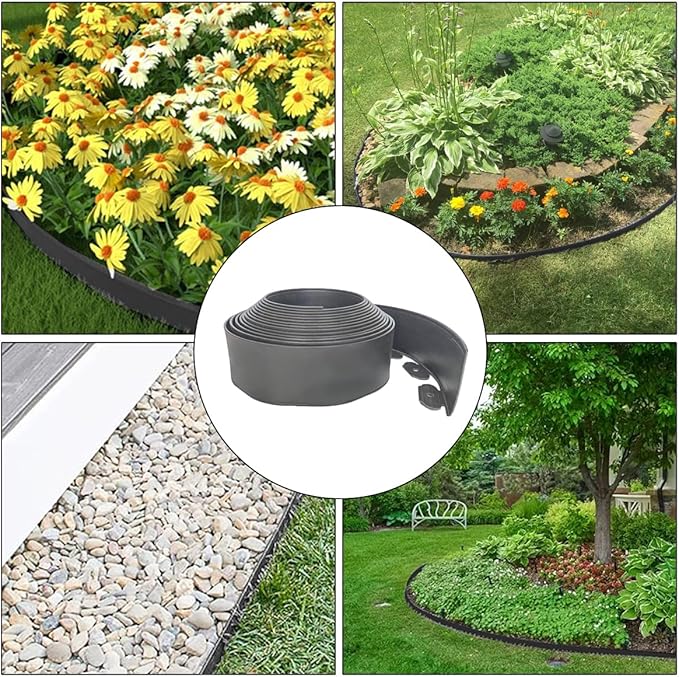 33FT Landscape Edging, 4 in Tall Garden Edging Borders with 30 Spikes,Flexible Lawn Edging Kit Plastic Mini Fence Borders for Grass Flower Beds, Pavement,Yard -Grey