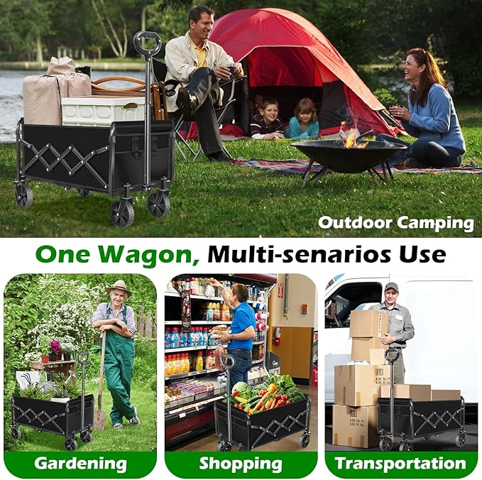 Collapsible Wagons Carts Foldable Wagon, Foldable Wagon Cart with Wheels, Folding Wagons for Beach Camp Sports Garden, 2 Cup Holders/Lightweight Portable/Black/360 LBS