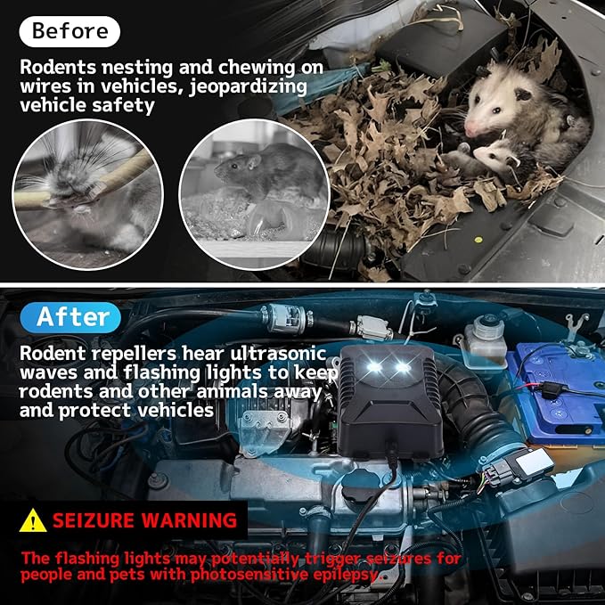 Ultrasonic Rodent Repellent, 2 Pack Plug-in Mouse Rat Pest Bat Squirrels Skunks Repellent for Car with Battery Powered Under Hood, Keep Mice Out of Cars Engines, Indoor, Outdoor, Garage, Hoom