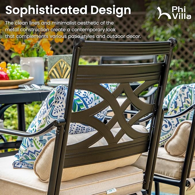 PHI VILLA Outdoor Patio Dining Set for 4 with 10ft 3-Layer Auto-tilt Round Umbrella(Beige),Includes 4 Outdoor Swivel Chairs with Cushions and a Metal Square Table, Perfect for Garden, Lawn, or Deck