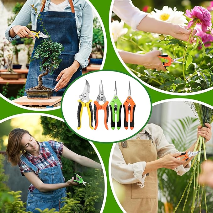 4 Pack Garden Pruning Shears, Stainless Steel Garden Shears, Gardening Shears, Garden Scissors, Clippers, Pruning Snips, Pruning Shears for Gardening Tools (4PCS Yellow Orange Green)