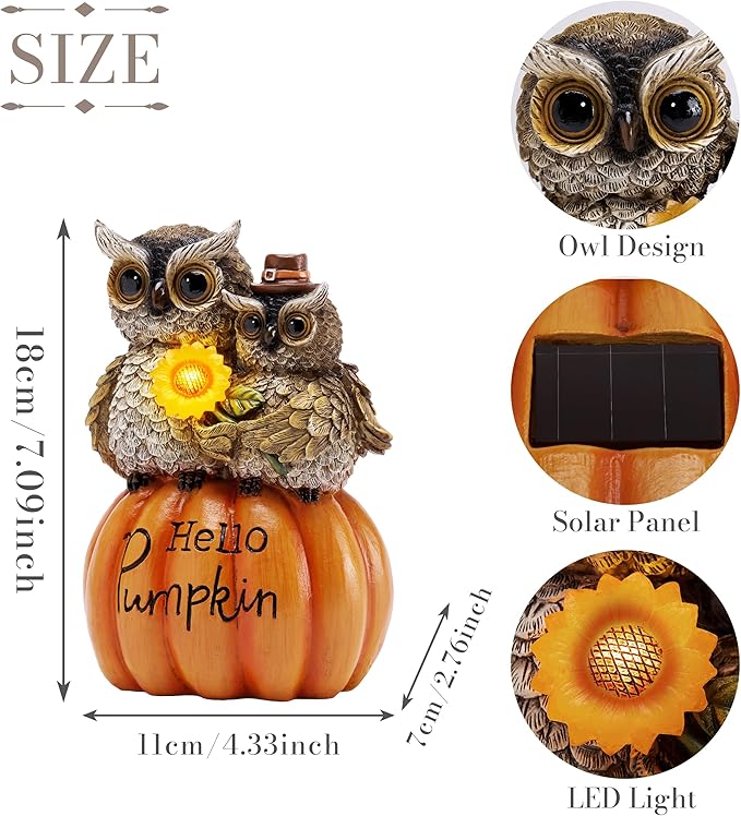 TERESA'S COLLECTIONS Fall Decor, Fall Owl Decor, Owl Perch on Pumpkin with Solar Light, Outdoor Fall Decor Waterproof Resin, Fall Gifts Outdoor/Indoor, 7.1"