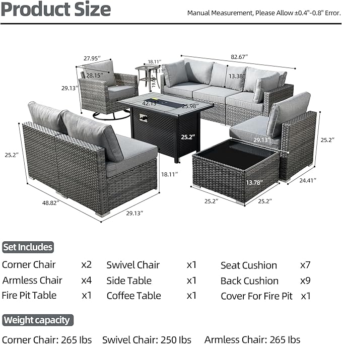 HOOOWOOO 10 Piece Patio Sectional Furniture Set with Fire Pit Table,Modern Wicker Outdoor Conversation Sofa Sets,Weather Resistant Modular L Shaped Outside Couch Swivel Chair Set(Charcoal Grey)
