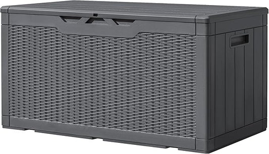 Greesum 100 Gallon Resin Deck Box Large Outdoor Storage, Imitation Rattan Weave Texture for Patio Furniture, Garden Tools, Pool Supplies, Weatherproof and UV Resistant, Lockable, Gray