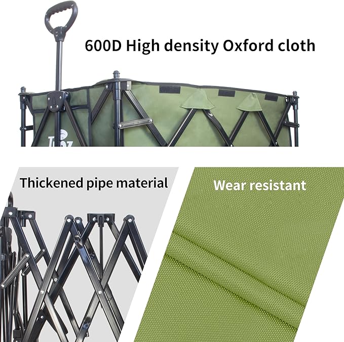 TMZ Collapsible Wagon 445L Extra Large Outdoor Utility Cart, Heavy Duty Carts Foldable with All-Terrain Big Wheels, Canopy and Brakes, Utility Beach Wagon for Outdoor Garden (Green)