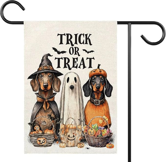 Trick or Treat Halloween Garden Flag for Outside, 12x18 Inch Double Sided Halloween Dog Pumpkin Ghost Bats Yard Flag, Farmhouse Small Yard Flags for Outdoor Decorations, Holiday Decor Gifts-A04