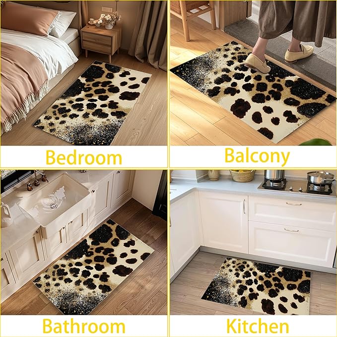 Front Door Mat,Brown Leopard Doormat Outside Entrance,Non-Slip Gold Glitter Entryway Rug for Porch Patio, Felt Low Profile Welcome Mat Indoor for Hallways, 30 x 17 Inch