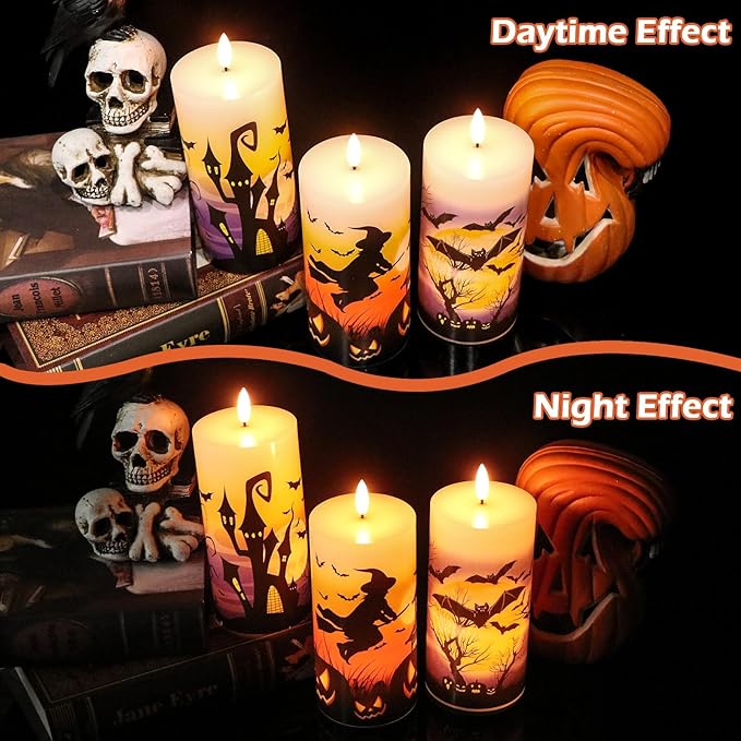 DRomance Halloween Flameless LED Candles Battery Operated with Remote and Timer, Real Wax Flickering Pillar Candles 3D Wick Dimmable Light Castle Witch Bats Halloween Decor(3 Pack, 3 x 6 Inches)