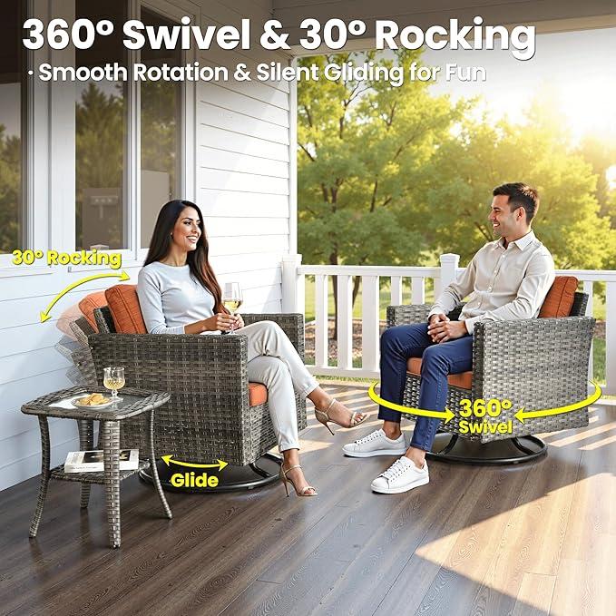ovios 8 Pieces Patio Furniture Set with Swivel Chairs Rocking Gliders, Outdoor Sofa Couch with Solar Lights Table Comfy Cushions, Modern Deep Seat Wicker Rattan Conversation Set, Orange Red