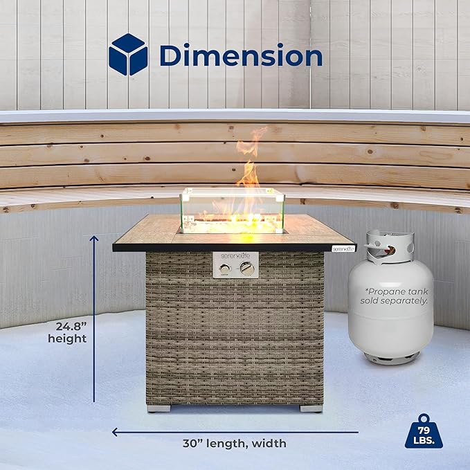 SereneLife Outdoor Propane Fire Pit Table 50,000 BTU CSA ETL Certified Square Wicker Gas Fire Table with Tile Top, Adjustable Flame, Decorative Glass Rocks, Weather-Resistant for Patio or Backyard