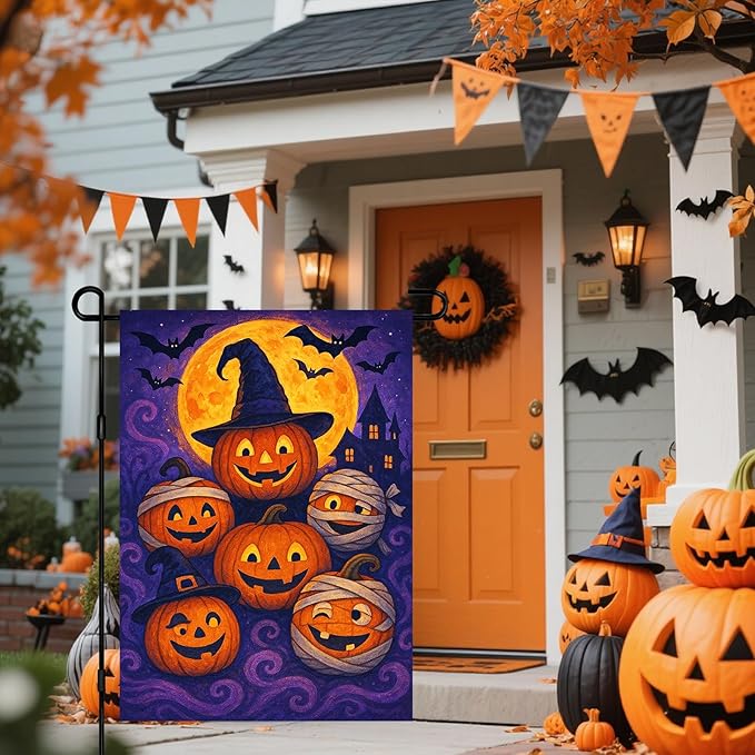 IVN Spooky Halloween Garden Flag 12x18 Inch Double Sided Witch Hat Pumpkin Jack O’ Lantern Trick or Treat Outdoor Fall Yard Flag for Outside Home Front Door Lawn Porch Patio Welcome Decor