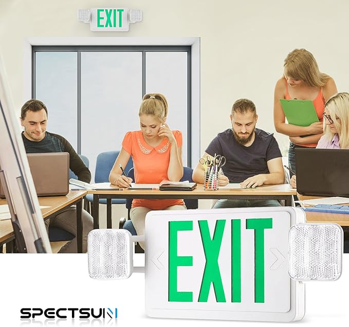 SPECTSUN 2 Packs Exit Sign with Emergency Lights, LED Emergency Exit Light with Battery Backup, UL Listed, AC 120/277V, Commercial Emergency Lights Combo for Business.