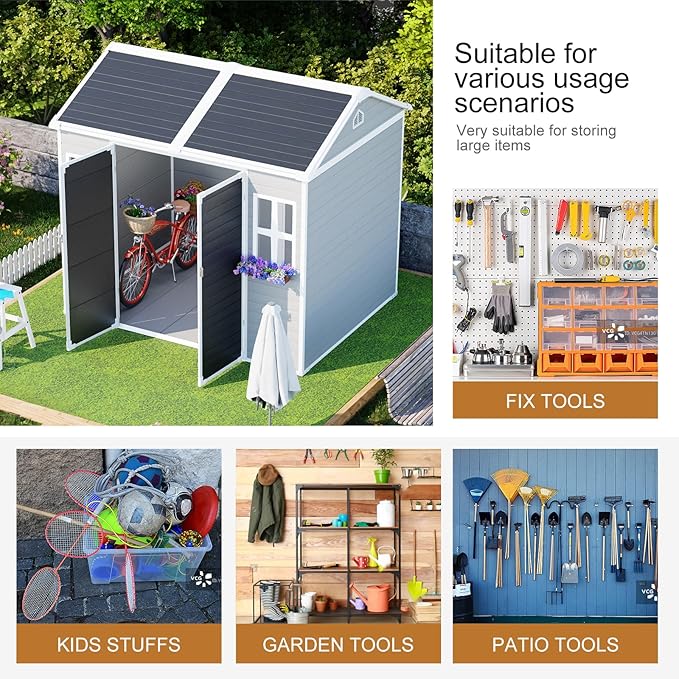 Outdoor Resin Storage Shed 8x6x7 FT Sheds Kit with Floor Included 2 Windows Double Lockable Door,Waterproof Outside Plastic Sheds for Backyard Garden Patio Lawn Tools
