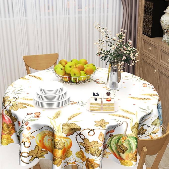 Giwawa Fall Round Tablecloth, Harvest Table Cloth 60 inch, Halloween Table Cover for Fall Picnic and Thanksgiving Party, Maple Leaves and Pumpkin Decorations