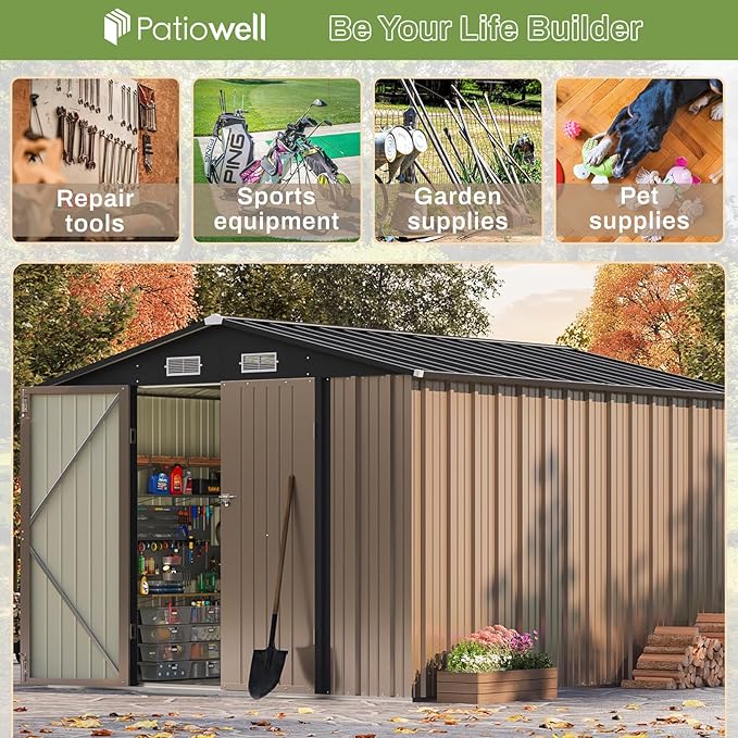 Patiowell 8x10 FT Outdoor Storage Shed, Large Garden Tool Metal Shed with Sloping Roof and Double Lockable Door, Outdoor Shed for Backyard Garden Patio Lawn, Brown