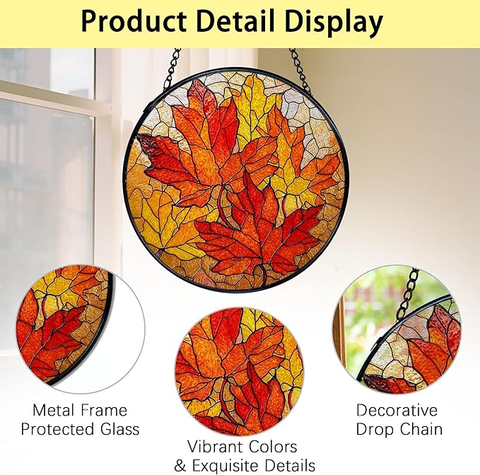 TNUW Fall Leaf Stained Glass Window Hanging, Rustic Autumn Maple Leaves Sun Catchers Indoor Window Glass Round Wall Art Decor, Fall Autumn Wall Hanging Decorations, 7.9＂x7.9＂