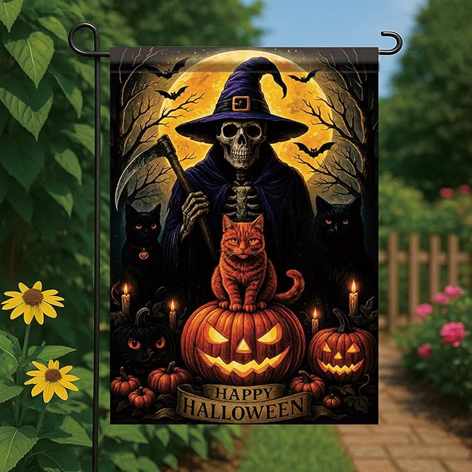 Halloween Garden Flag Witch Skeleton Cat Pumpkin Flag 12x18 Inch Double Sided Outdoor Yard Banner for Trick or Treat Haunted House Halloween Decoration Decor