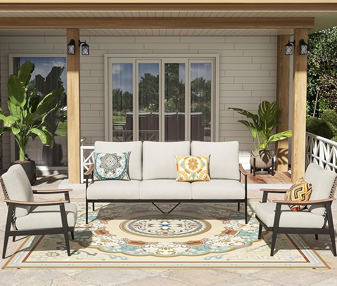 NATURAL EXPRESSIONS 5 Pieces Patio Furniture Set, Outdoor Furniture Sofa Sectional Modern Metal Patio Conversation Set with High Back Wicker Backrest & Loveseat for Balcony, Backyard, Deck, Porch