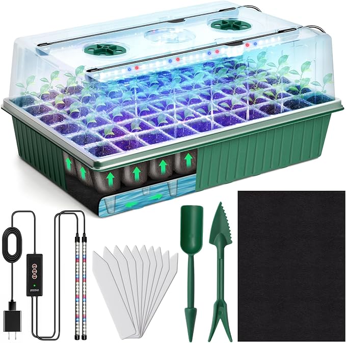 Self Watering Seed Starter Kit with Grow Light, 60-Cell Seed Starter Tray with Humidity Dome, Seedling Tray for Plant Starter, Indoor Seed Starting Kit with 4" High Lid Germination Tray