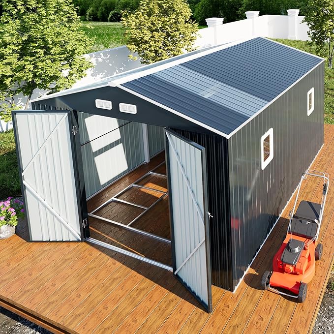 10x12 Metal Shed with Floor Frame Kit, Reinforced Construction - Translucent Roof Panels for Natural Light, Lockable Doors, Vents and Windows | Weatherproof Outdoor Storage for Garden/Backyard/Patio