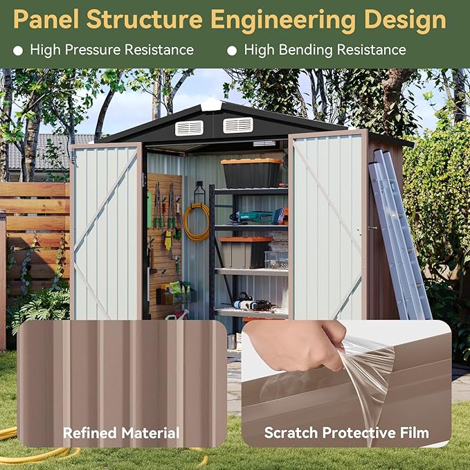 Aoxun 6x3.9 FT Shed with Base Metal Outdoor Storage Shed Garden Shed with Lockable Doors Tool Shed Bike Shed for Backyard, Patio, Poolside (Brown)