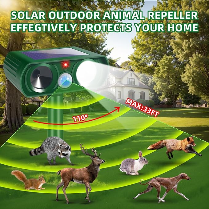 2Pack Solar Ultrasonic Animal Repellent Outdoor Deer Repellent Devices with Motion Detection&Flash Light Squirrel Cat Raccoon Rabbit Dog Deterrent,Keep Rodent Chipmunk Squirrel Away for Yard Garden