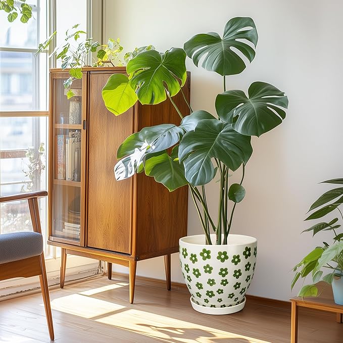 Ceramic Flower Pot - 10 Inch Plant Pot Indoor with Drainage Hole and Saucer, Boho Round Ceramic Planter for Indoor Outdoor Plants, Plant Lover Gifts, Home Garden House Decor, White