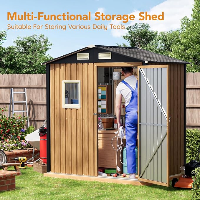 6X4FT Garden Storage Shed with Lockable Door,Steel Tool Shed with 1 Clear Window, Anti-Corrosion Metal Shed for Backyard Patio Lawn (Light Wood Grain)