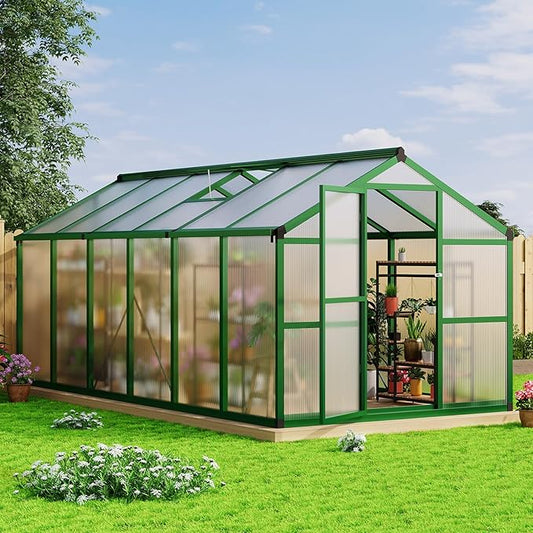 Garvee 8x12 FT Greenhouse - Aluminum Greenhouses for Outdoors, Large Polycarbonate Greenhouse with Roof Vent, Heavy Duty Walk-in Green Houses for Outside Garden, Backyard, Patio, Lawn, Easy Assembly