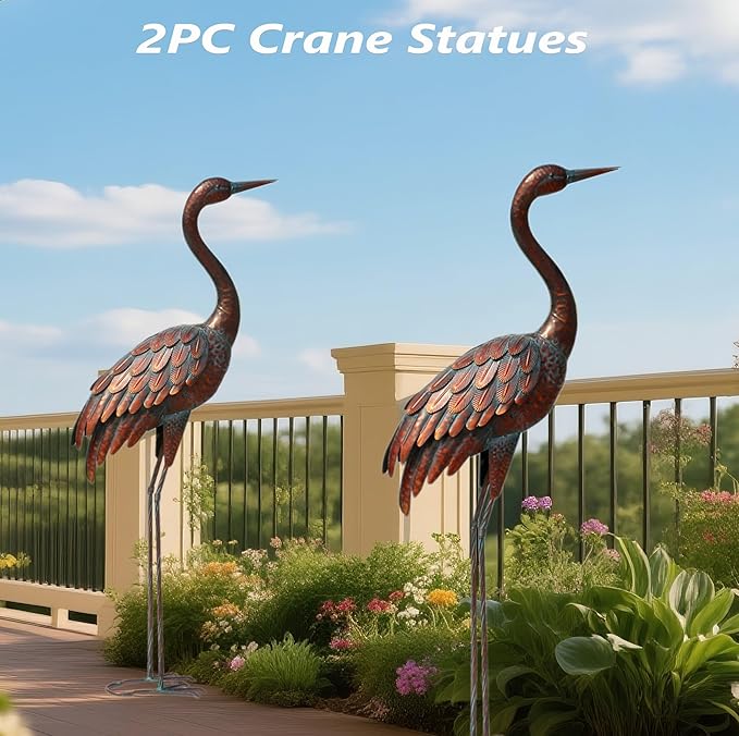 chisheen 2PCS Garden Crane Statues Outdoor Sculptures Metal Yard Art Statue for Garden Decoration Large Size Set of 2
