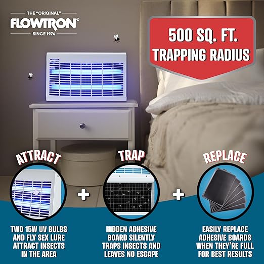 Flowtron Portable Indoor Fly Trap| Electric Insect Killer for Flies & Gnats with Dual Lure Method 30W UV Light & Pheromone Attractant | Sticky Strips, 500 Sq Ft for House & Restaurants
