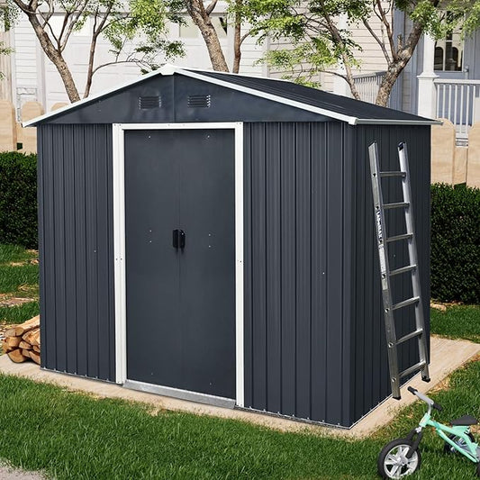 4x8 FT Outdoor Storage Shed, Metal Garden Shed with Frame Floor, Outside Tool Shed with Lockable Sliding Doors, Waterproof Storage Building with Sloped Roof for Backyard, Patio, Lawn, Black