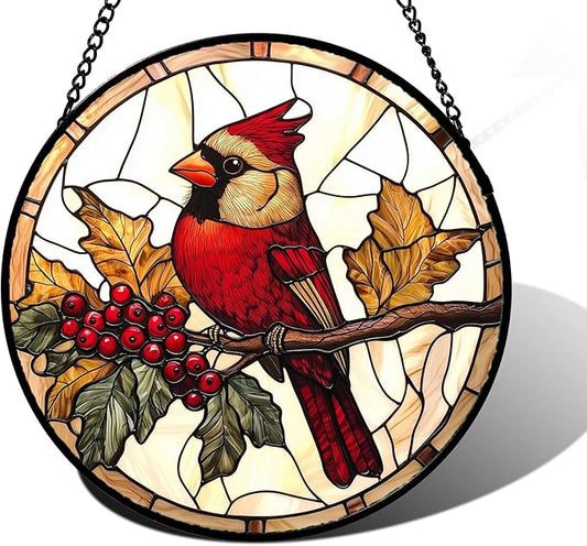 Stained Glass Window Hanging, Birds on a Branch Cardinal Sun Catchers Diamond Glass Panel Hangings Suncatcher Decor for Birthday for Women, Men, Wife, Aunt,and Mom 7.8X7.8IN