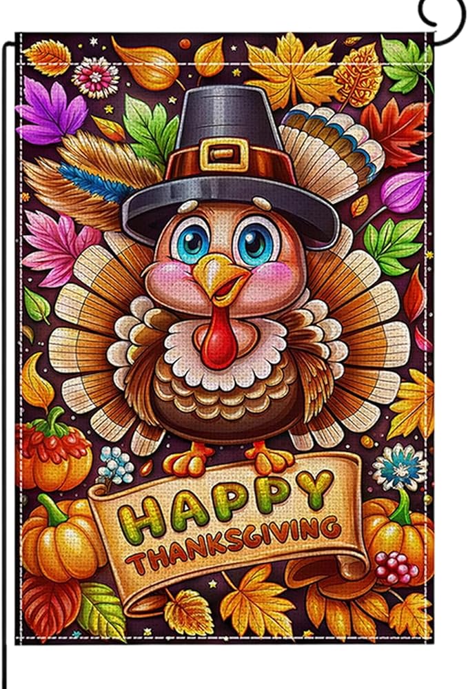 Fall Thanksgiving Garden Flag 12 x 18 Inch Double Sided Turkey Pumpkin Maple Leaves Designs Autumn Burlap Yard Flag for Outside Rustic Yard Outdoor Holiday Home Decoration