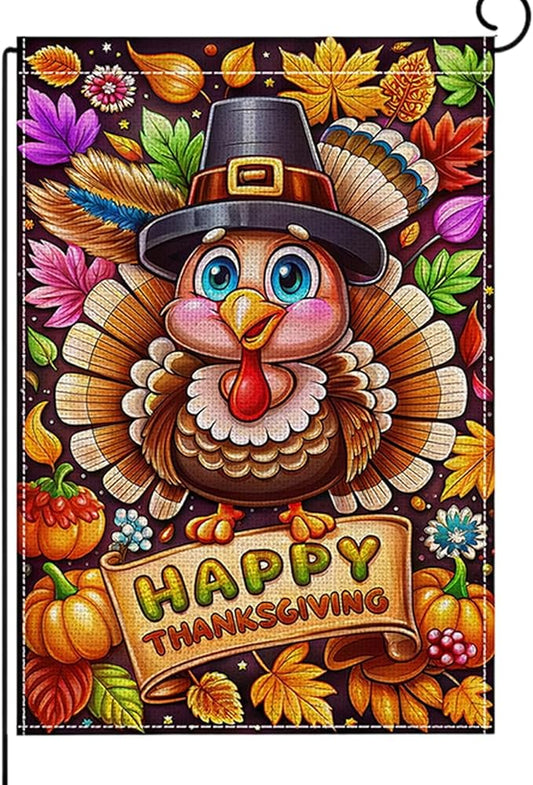 Fall Thanksgiving Garden Flag 12 x 18 Inch Double Sided Turkey Pumpkin Maple Leaves Designs Autumn Burlap Yard Flag for Outside Rustic Yard Outdoor Holiday Home Decoration